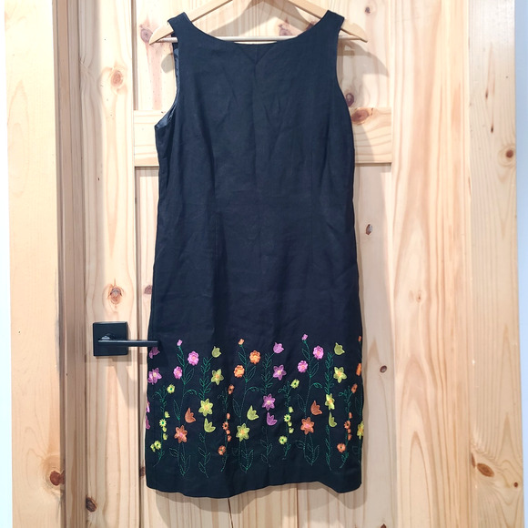 R&K Originals Black Linen Floral Embroidered Dress Boho Artsy Chic Size 12P - Picture 1 of 10